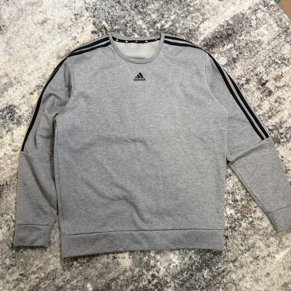 Adidas Mens‎ 3-Stripe Crewneck Sweatshirt Heather Gray Athletic Pullover Logo L